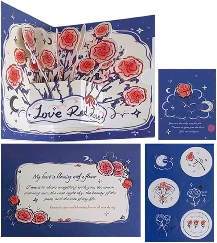 3D Paper Flower Bouquet Pop-Up Card – Pink Rose Greeting Card with Envelope & Seal Stickers