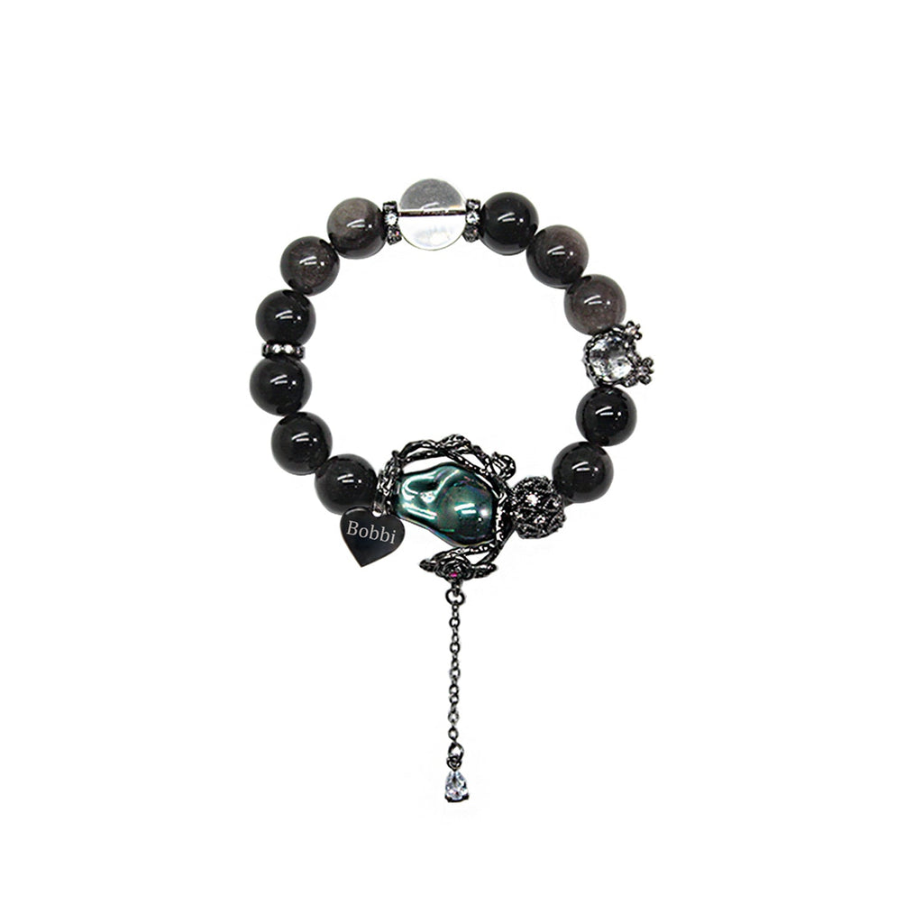 Gothic Halloween Obsidian Rose Vine Bracelet – Custom Name Engraved Dark Jewelry