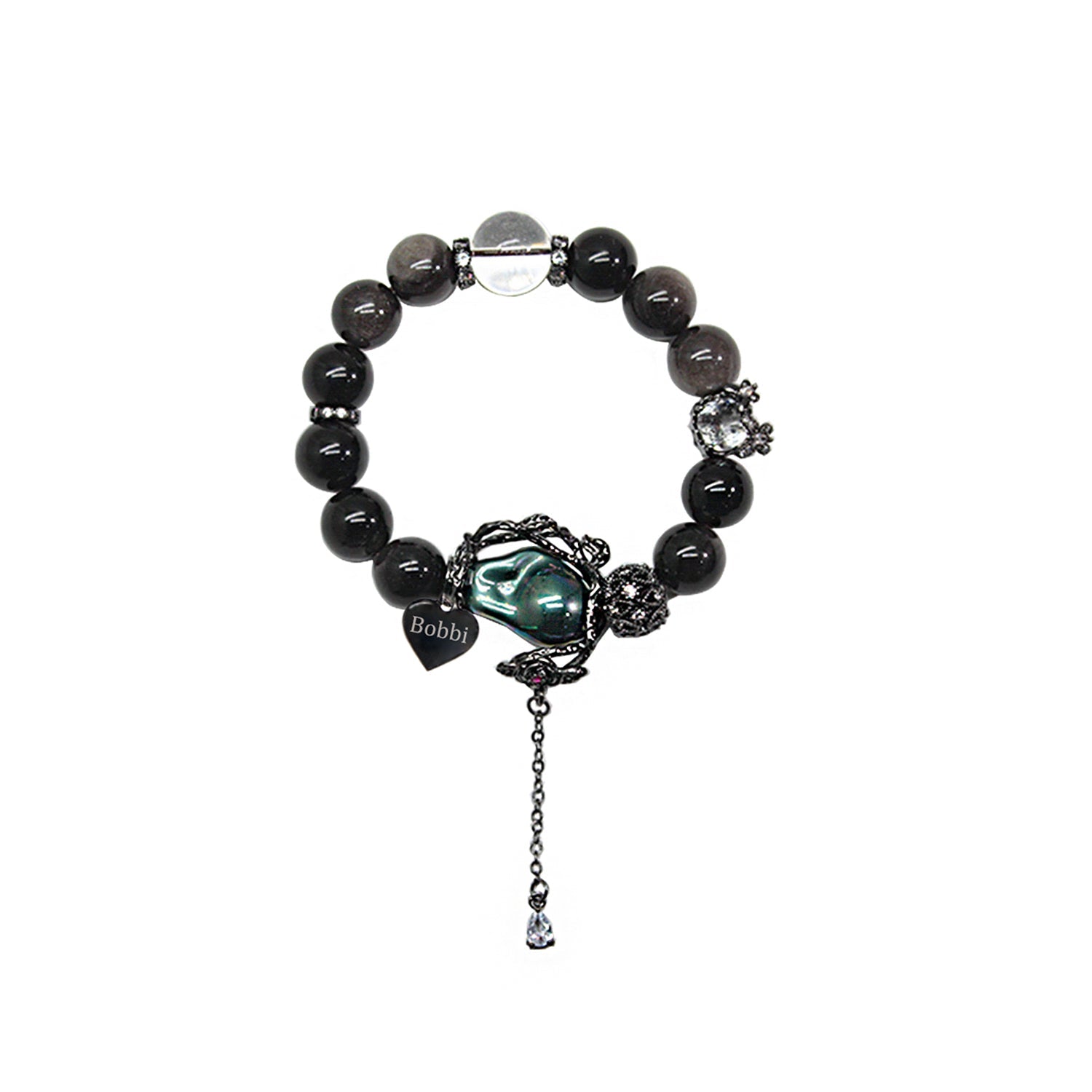 Gothic Halloween Obsidian Rose Vine Bracelet – Custom Name Engraved Dark Jewelry