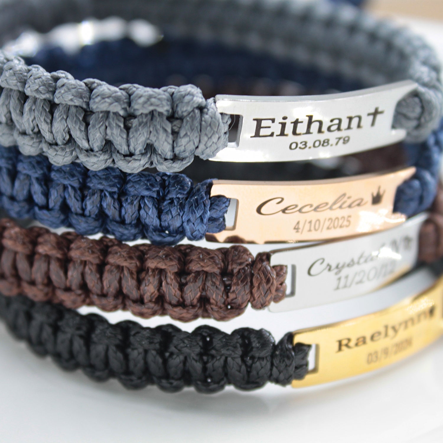Personalized Men’s Leather Braided Bracelet – Engraved Stainless Steel Plate