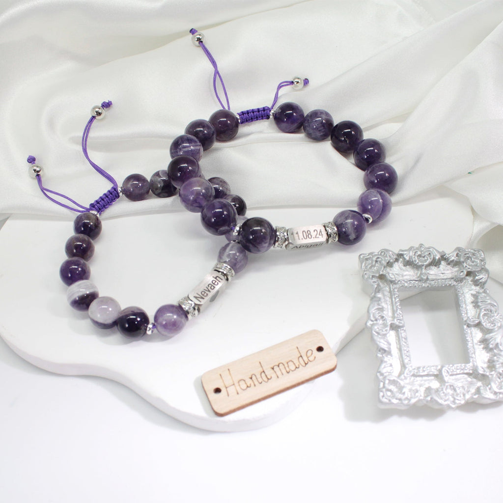 Personalized Name Engraved Natural Stone Bracelet with Zircon | Adjustable Beaded Couple Jewelry Gift for Him & Her