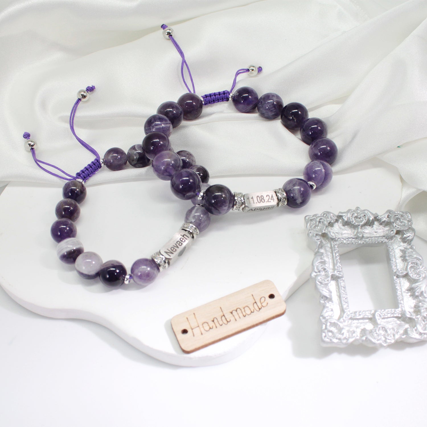 Personalized Name Engraved Natural Stone Bracelet with Zircon | Adjustable Beaded Couple Jewelry Gift for Him & Her