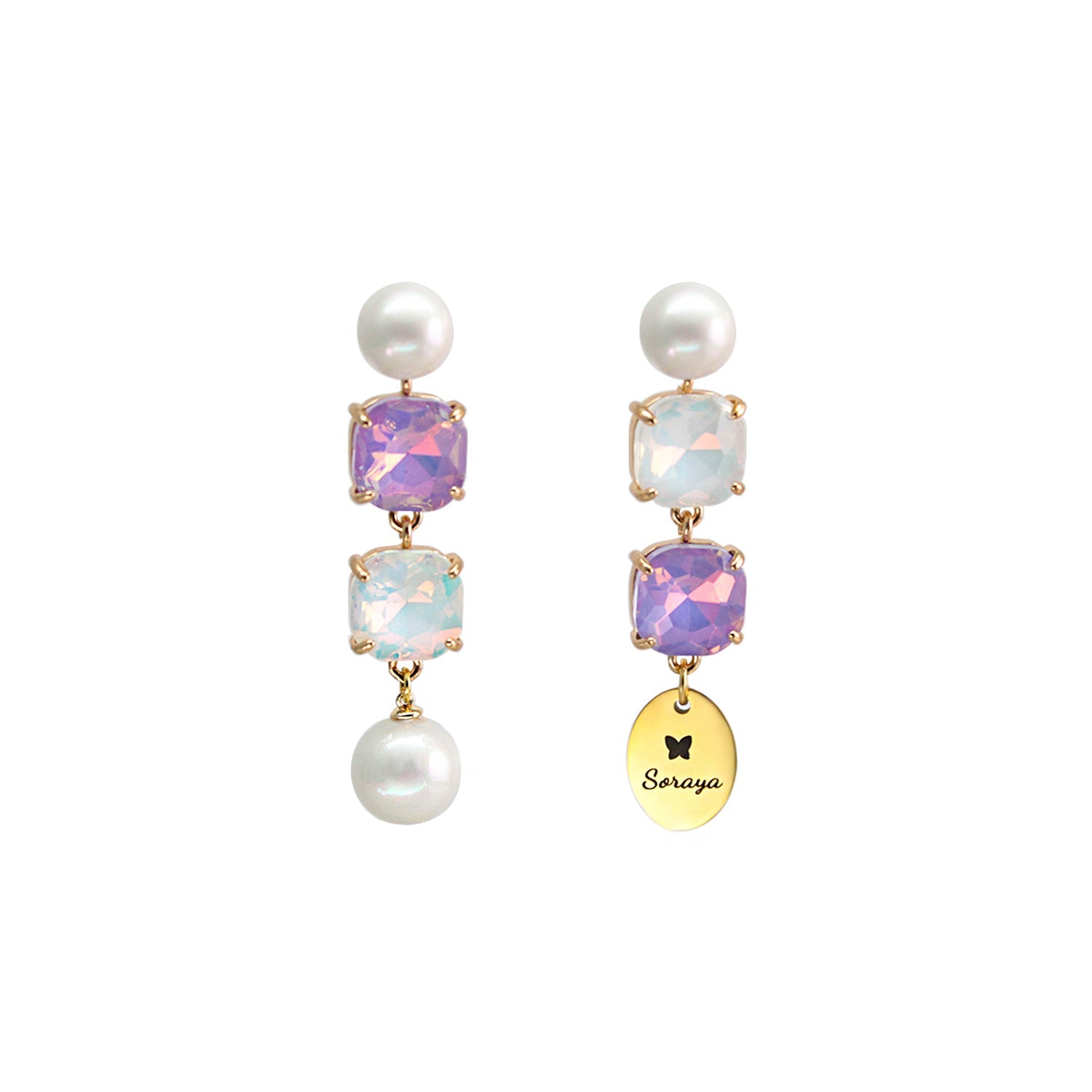 Custom Name Pearl Drop Earrings with Colored Diamond – Personalized Titanium Steel Disc Earrings for Women