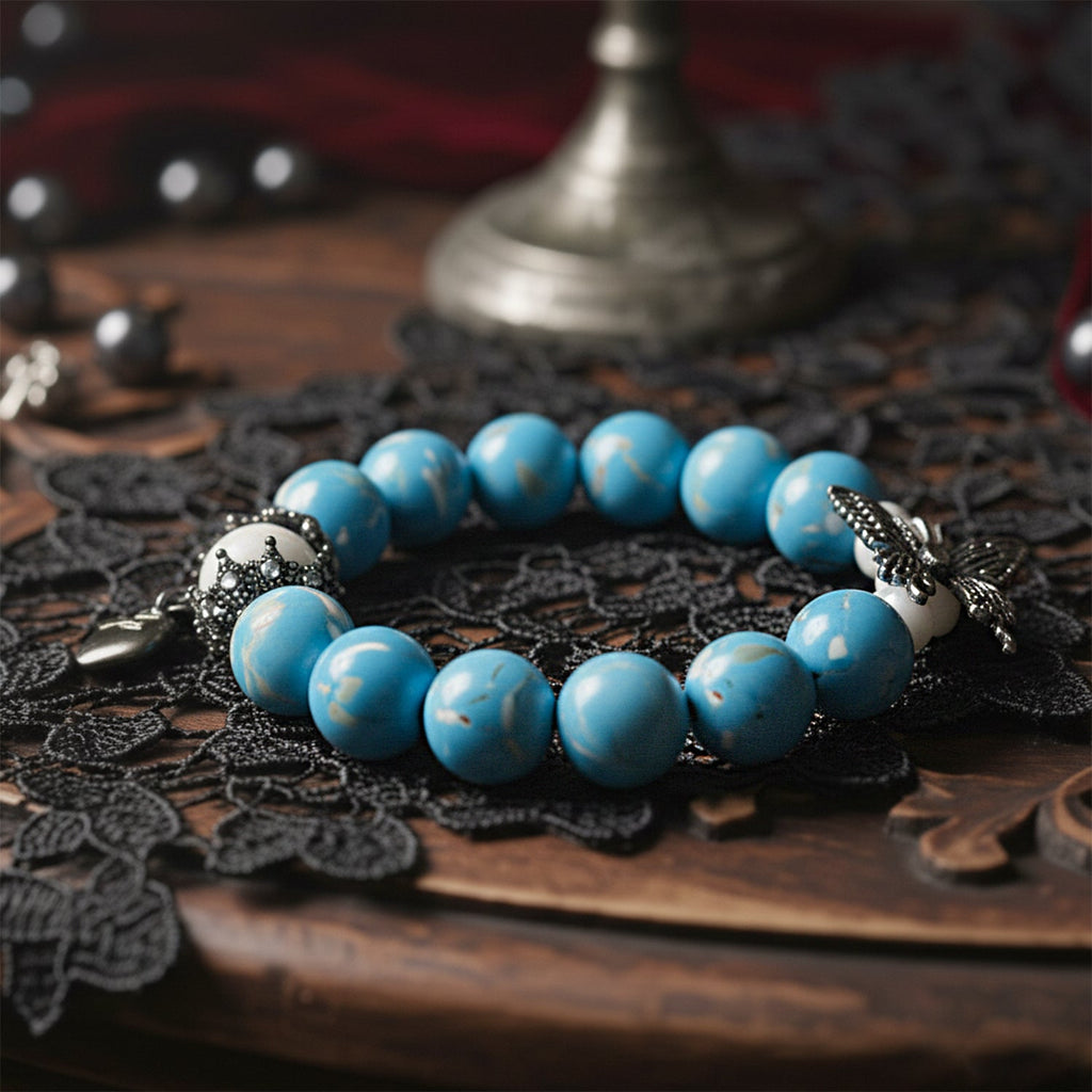 Halloween Gothic Butterfly Custom Name Bracelet – Engraved Blue Shell Beads