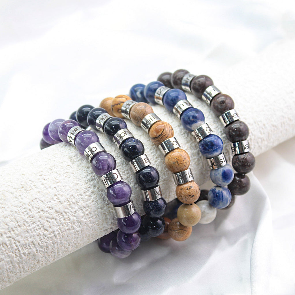 Personalized Natural Mineral Cross Bracelet – Engraved Names Keepsake