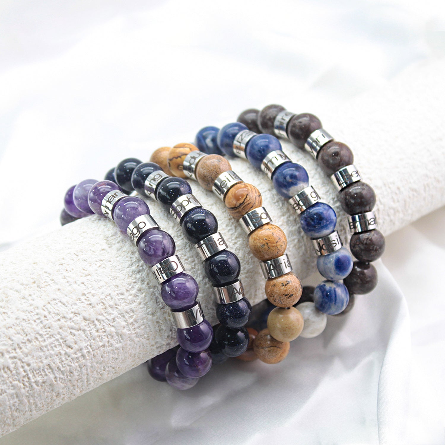 Personalized Natural Mineral Cross Bracelet – Engraved Names Keepsake