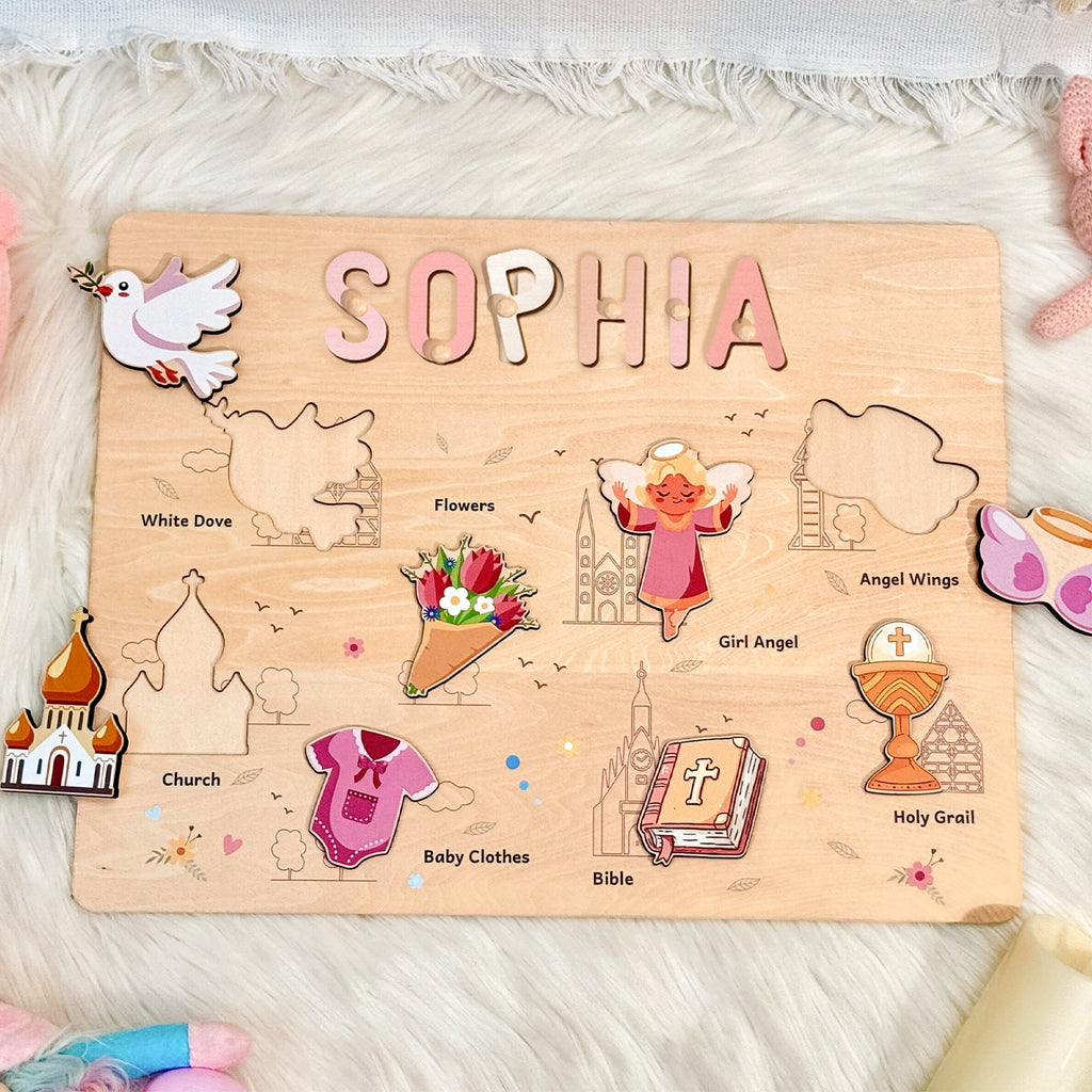 Personalized Baby Girl Christening Wooden Name Puzzle – Custom Baptism Keepsake Gift