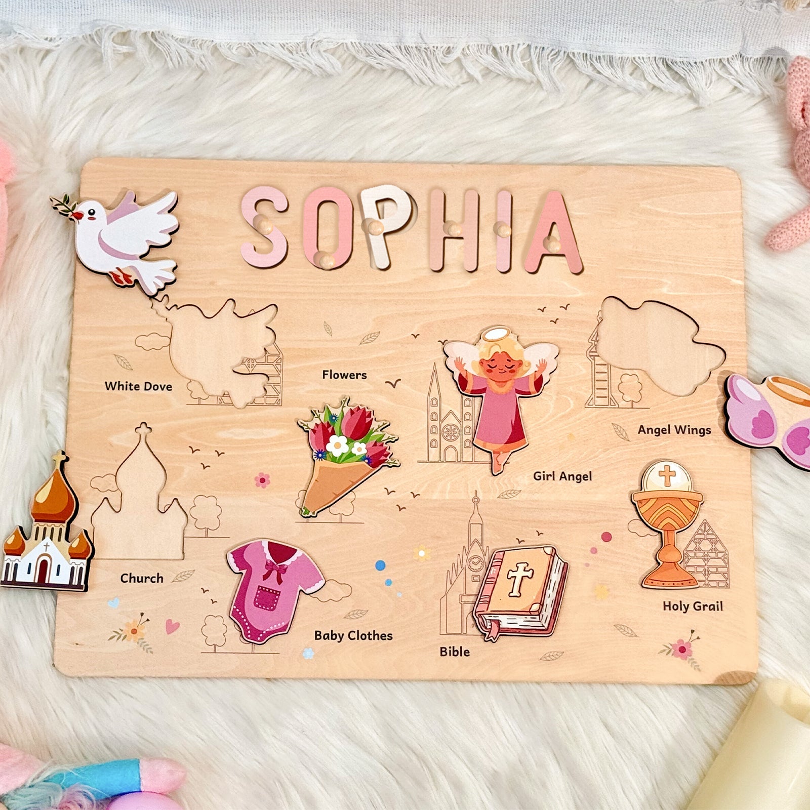 Personalized Baby Girl Christening Wooden Name Puzzle – Custom Baptism Keepsake Gift