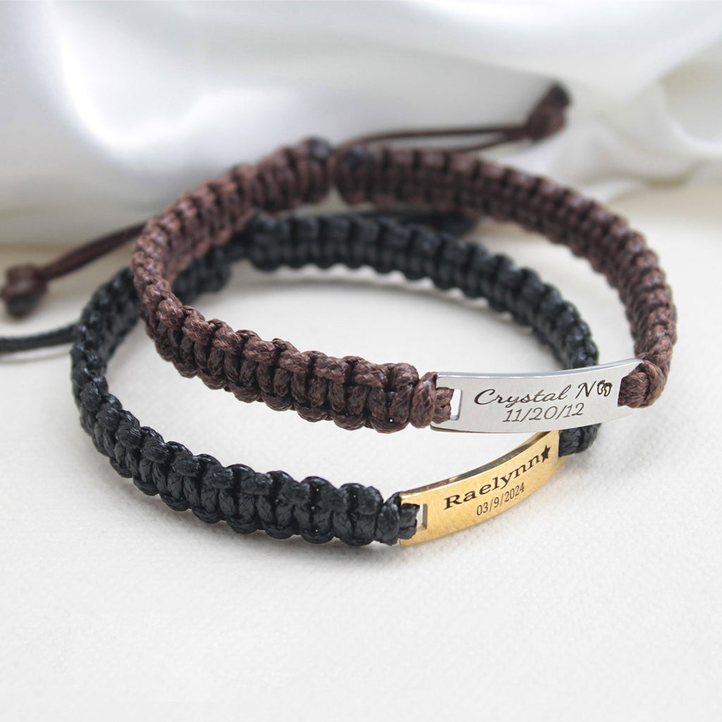 Personalized Men’s Leather Braided Bracelet – Engraved Stainless Steel Plate