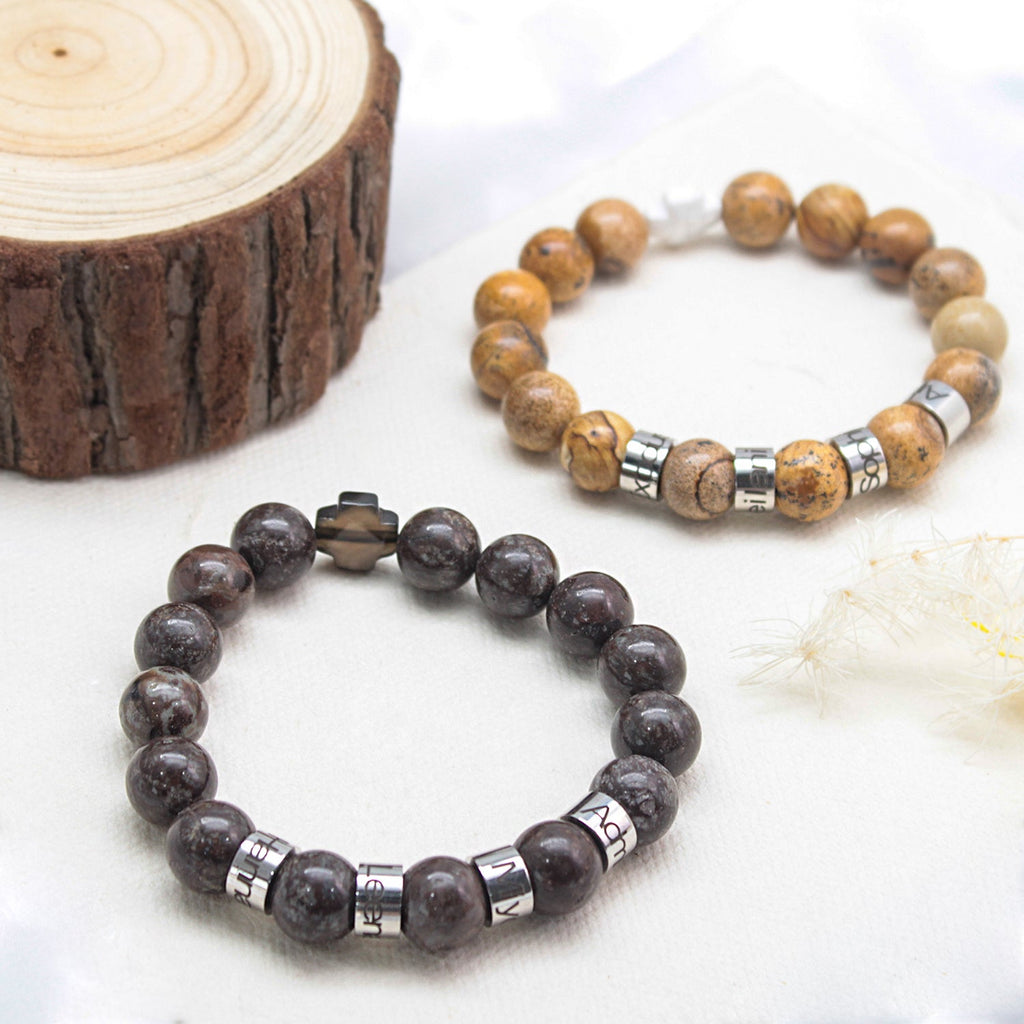 Personalized Natural Mineral Cross Bracelet – Engraved Names Keepsake