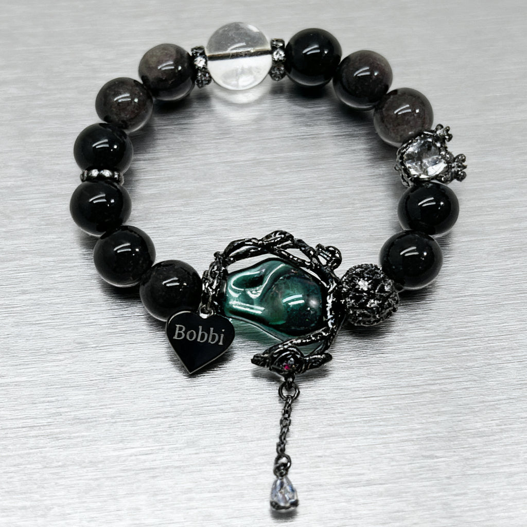 Gothic Halloween Obsidian Rose Vine Bracelet – Custom Name Engraved Dark Jewelry