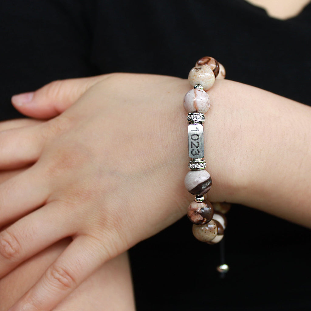Personalized Name Engraved Natural Stone Bracelet with Zircon | Adjustable Beaded Couple Jewelry Gift for Him & Her