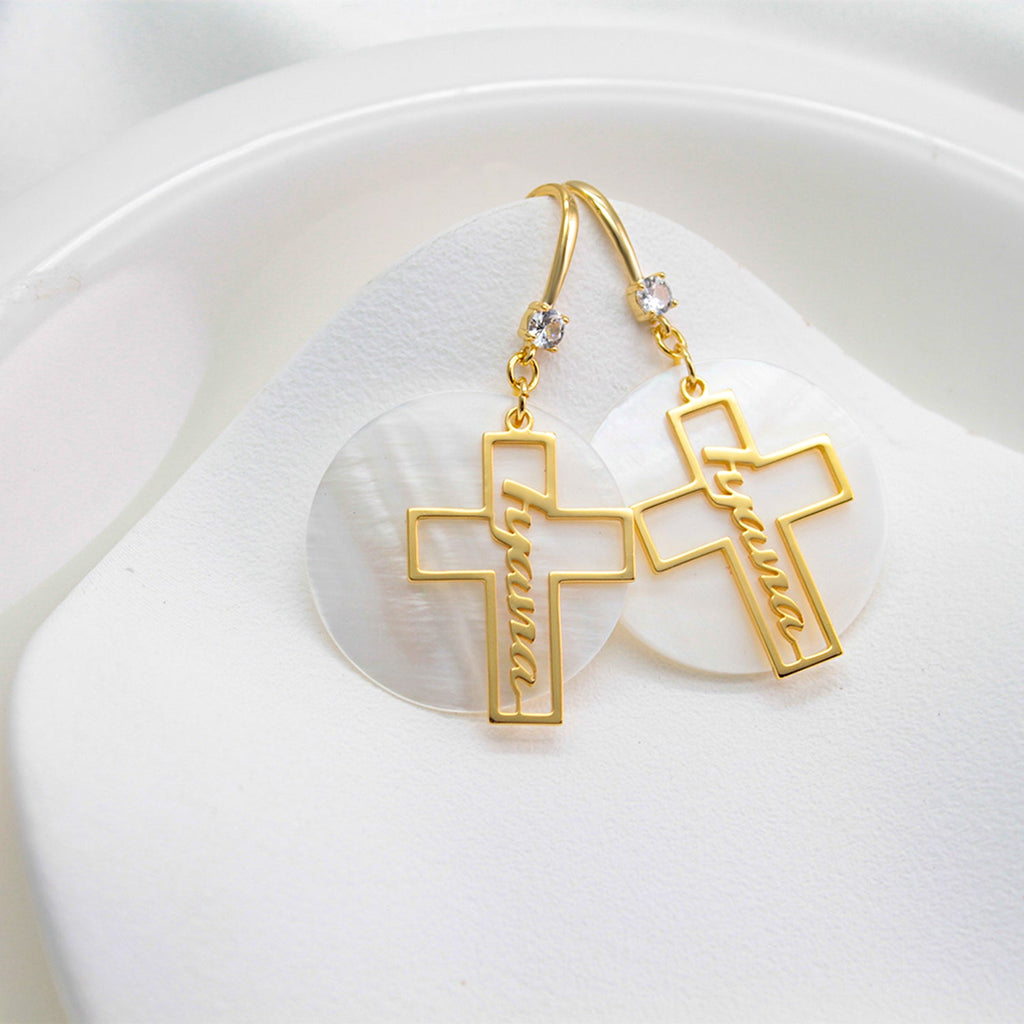 Custom Name Hollow Cross Earrings – Personalized Natural Shell Drop Earrings with Engraved Name | Faith Jewelry Gift for Women