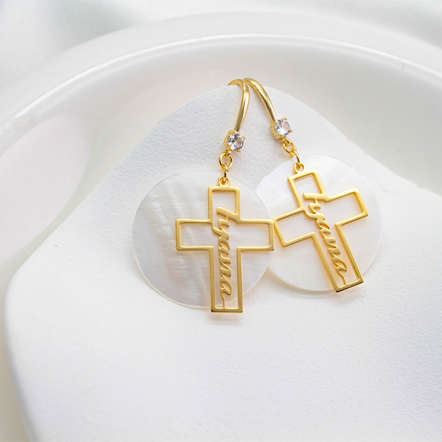 Custom Name Hollow Cross Earrings – Personalized Natural Shell Drop Earrings with Engraved Name | Faith Jewelry Gift for Women