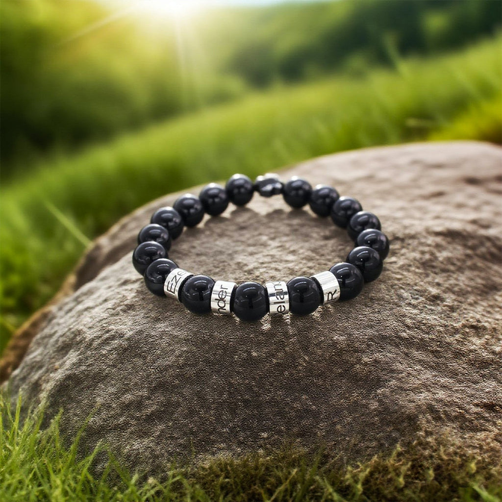 Personalized Natural Mineral Cross Bracelet – Engraved Names Keepsake