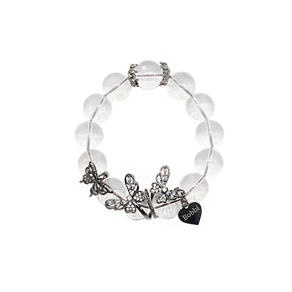 Halloween Gothic Butterfly Custom Name Bracelet – White Crystal Beads & Engraved Gunmetal Butterflies