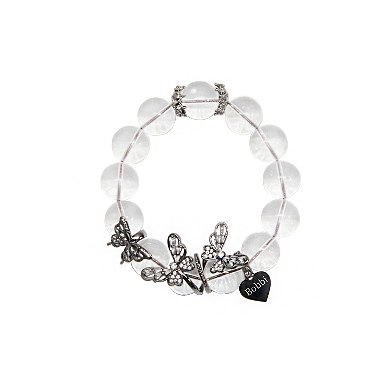 Halloween Gothic Butterfly Custom Name Bracelet – White Crystal Beads & Engraved Gunmetal Butterflies