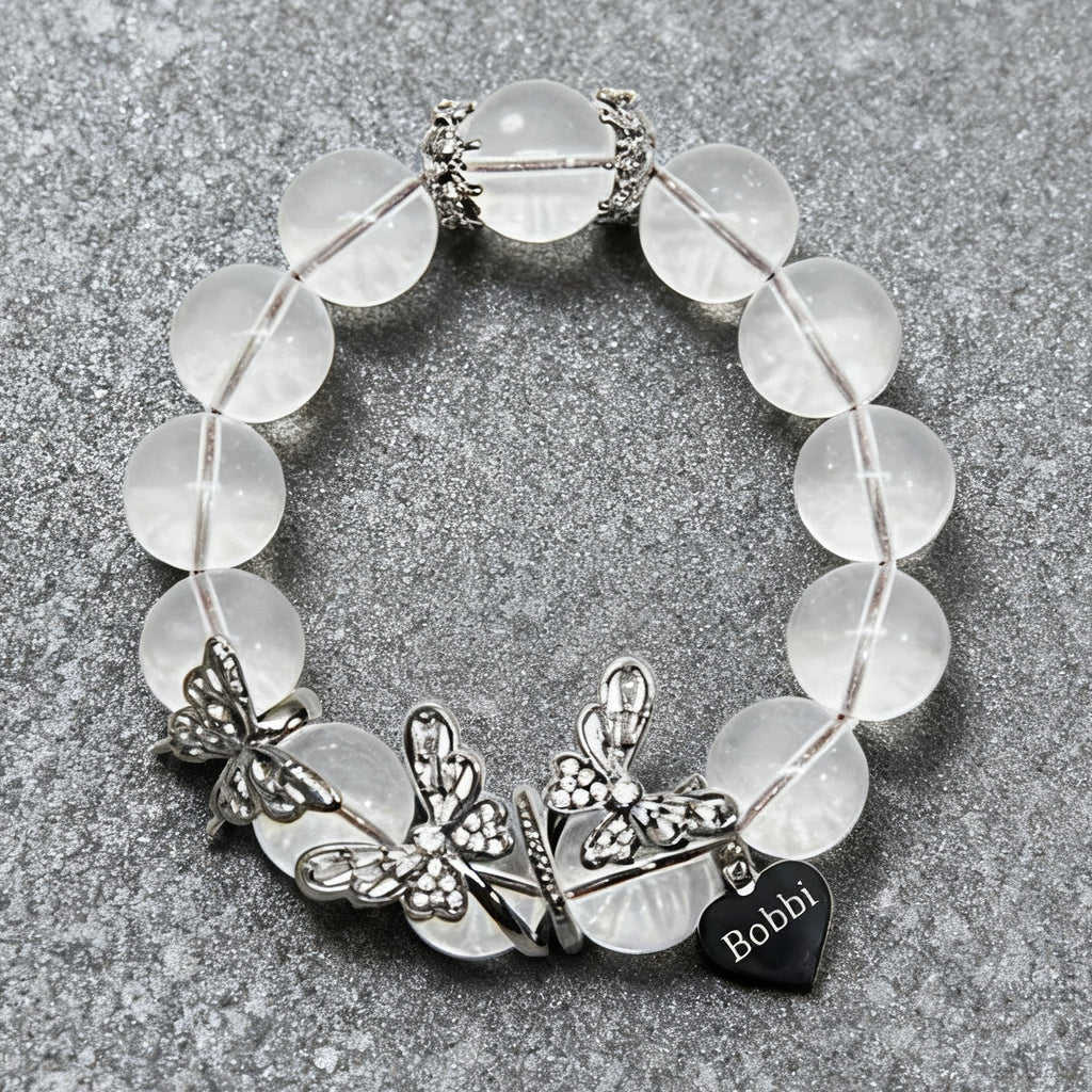 Halloween Gothic Butterfly Custom Name Bracelet – White Crystal Beads & Engraved Gunmetal Butterflies