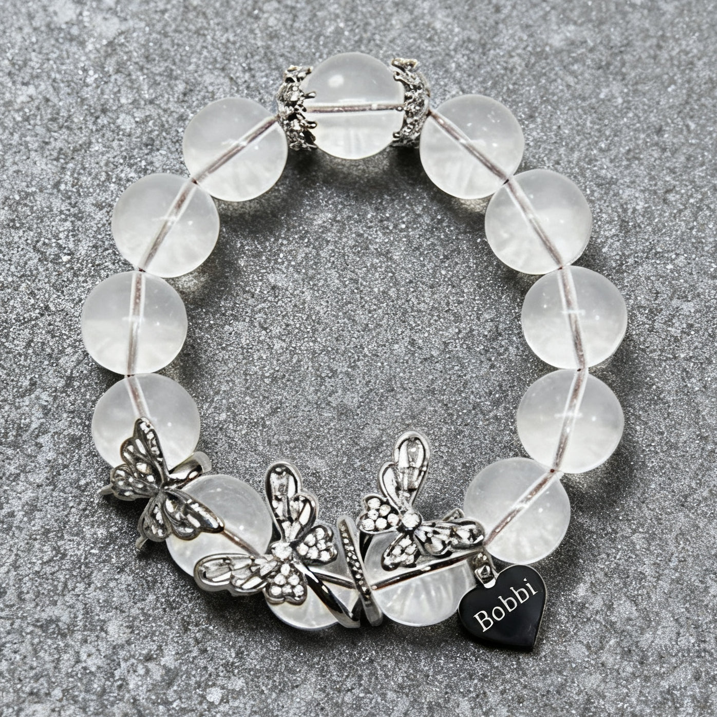 Halloween Gothic Butterfly Custom Name Bracelet – White Crystal Beads & Engraved Gunmetal Butterflies