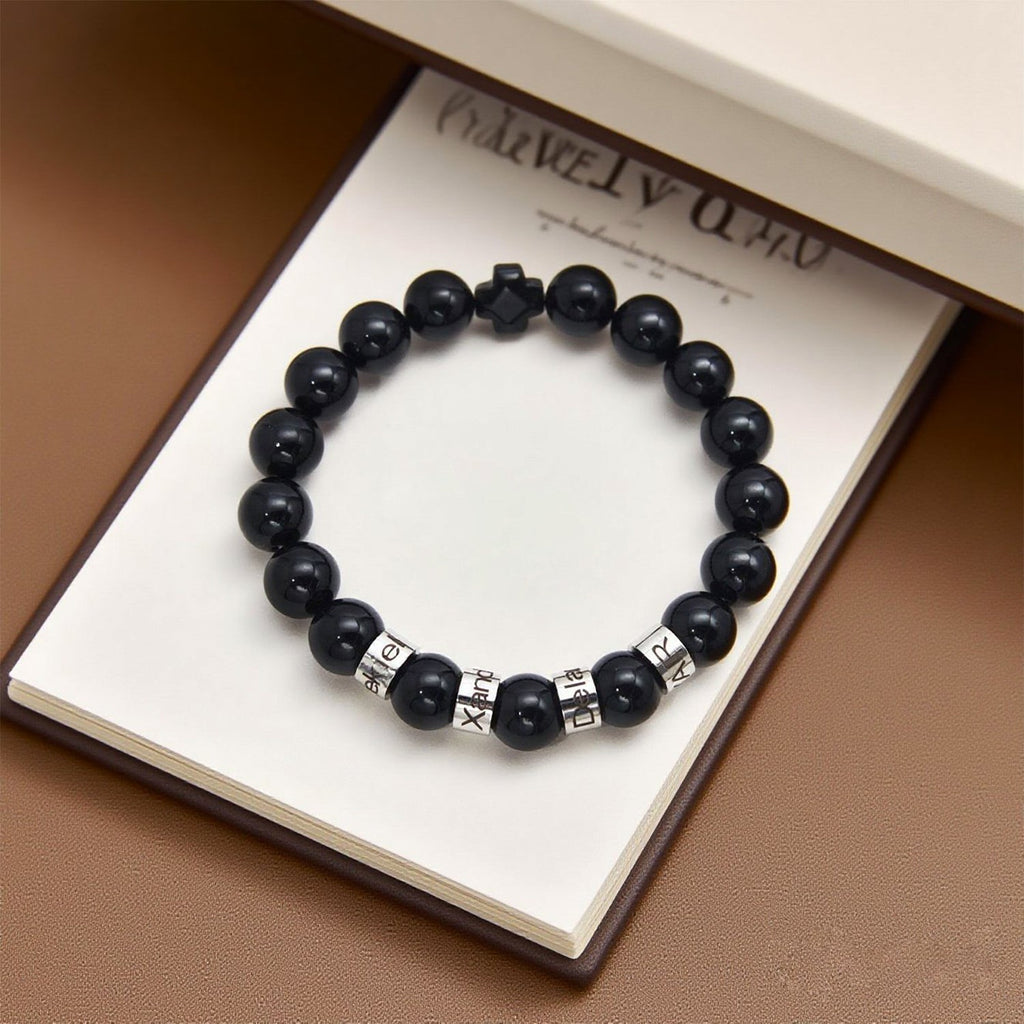 Personalized Natural Mineral Cross Bracelet – Engraved Names Keepsake