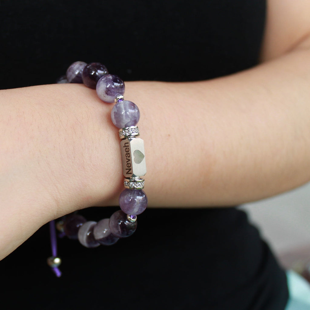 Personalized Name Engraved Natural Stone Bracelet with Zircon | Adjustable Beaded Couple Jewelry Gift for Him & Her