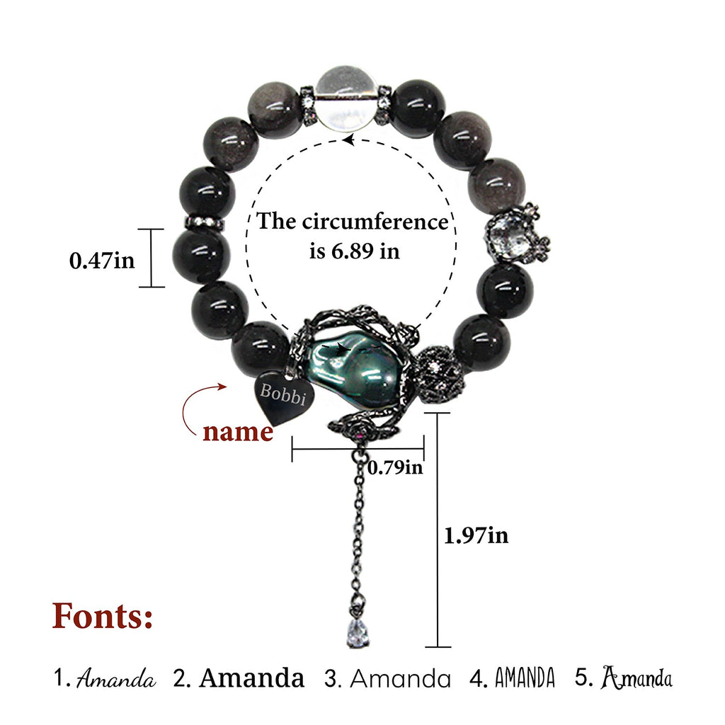 Gothic Halloween Obsidian Rose Vine Bracelet – Custom Name Engraved Dark Jewelry