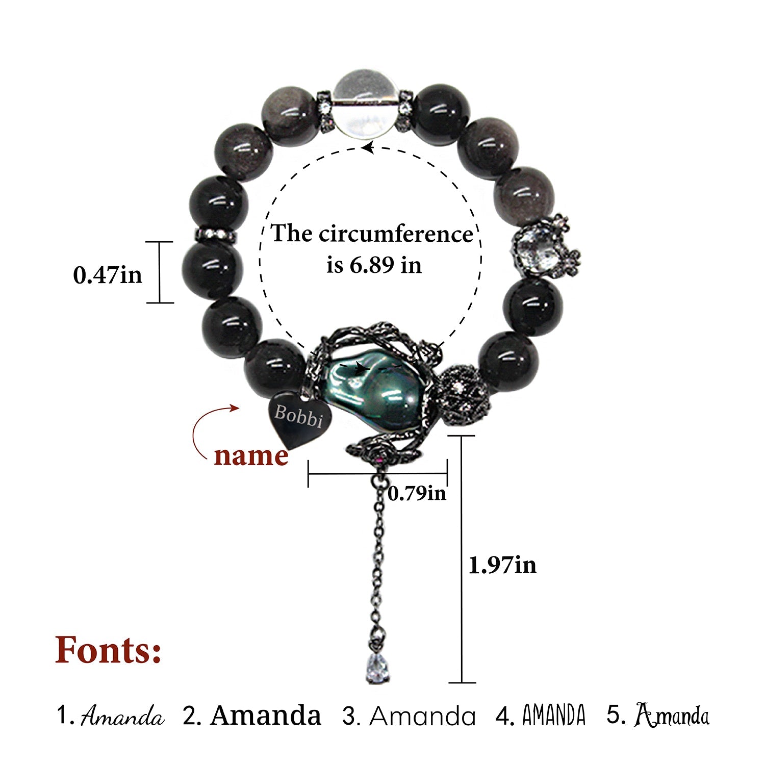 Gothic Halloween Obsidian Rose Vine Bracelet – Custom Name Engraved Dark Jewelry