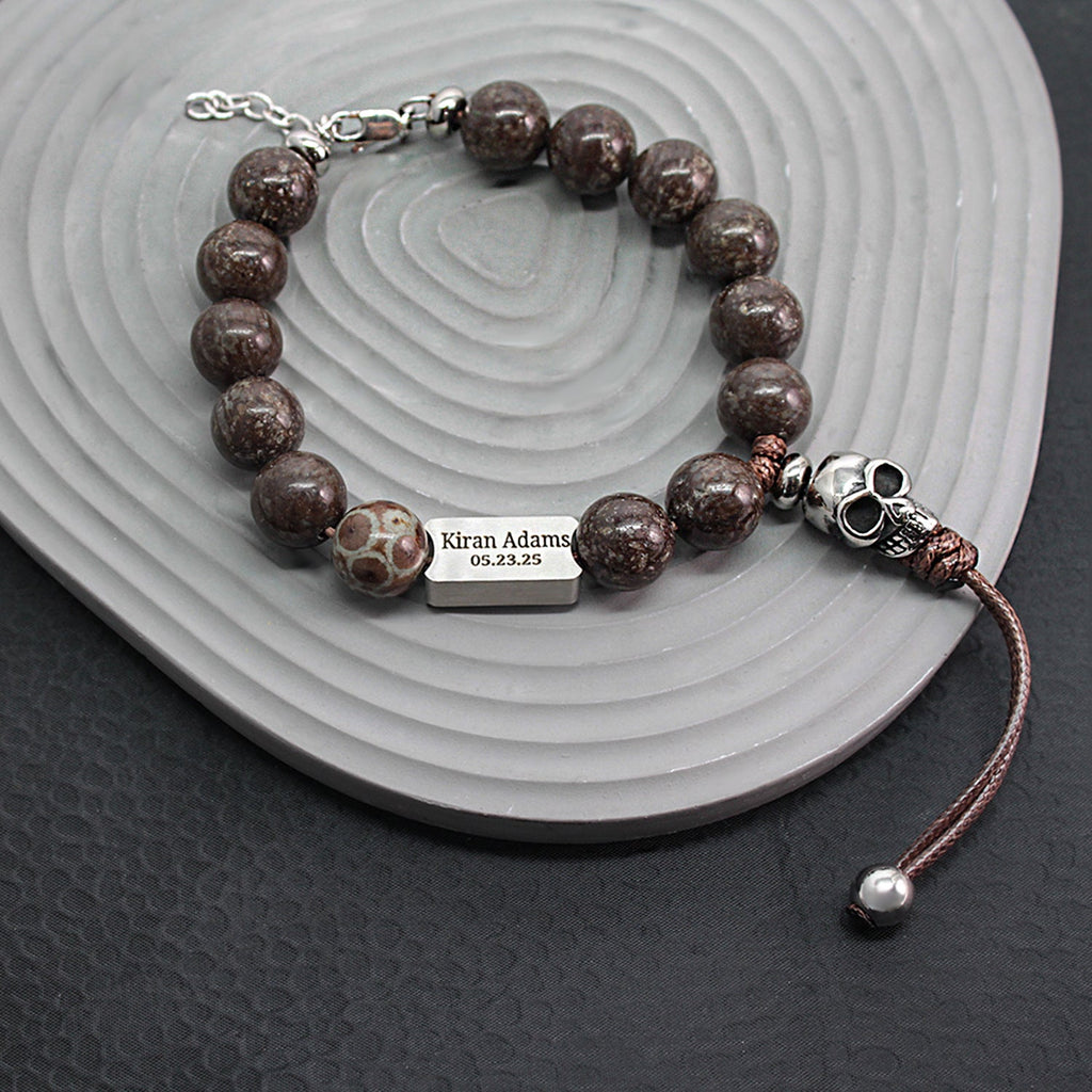 Punk Skull Men’s Bracelet – Natural Stone Biker Jewelry | Harley Rider Gift