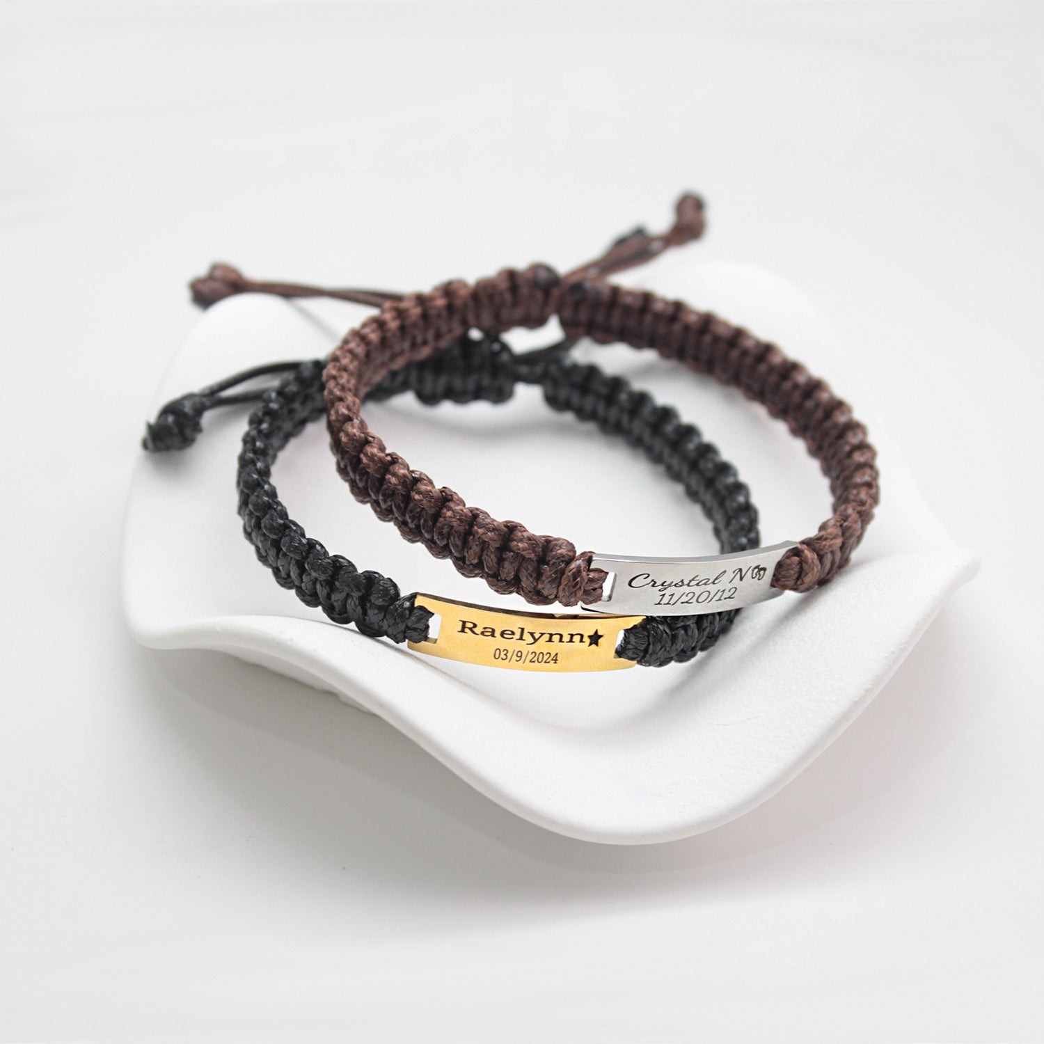 Personalized Men’s Leather Braided Bracelet – Engraved Stainless Steel Plate