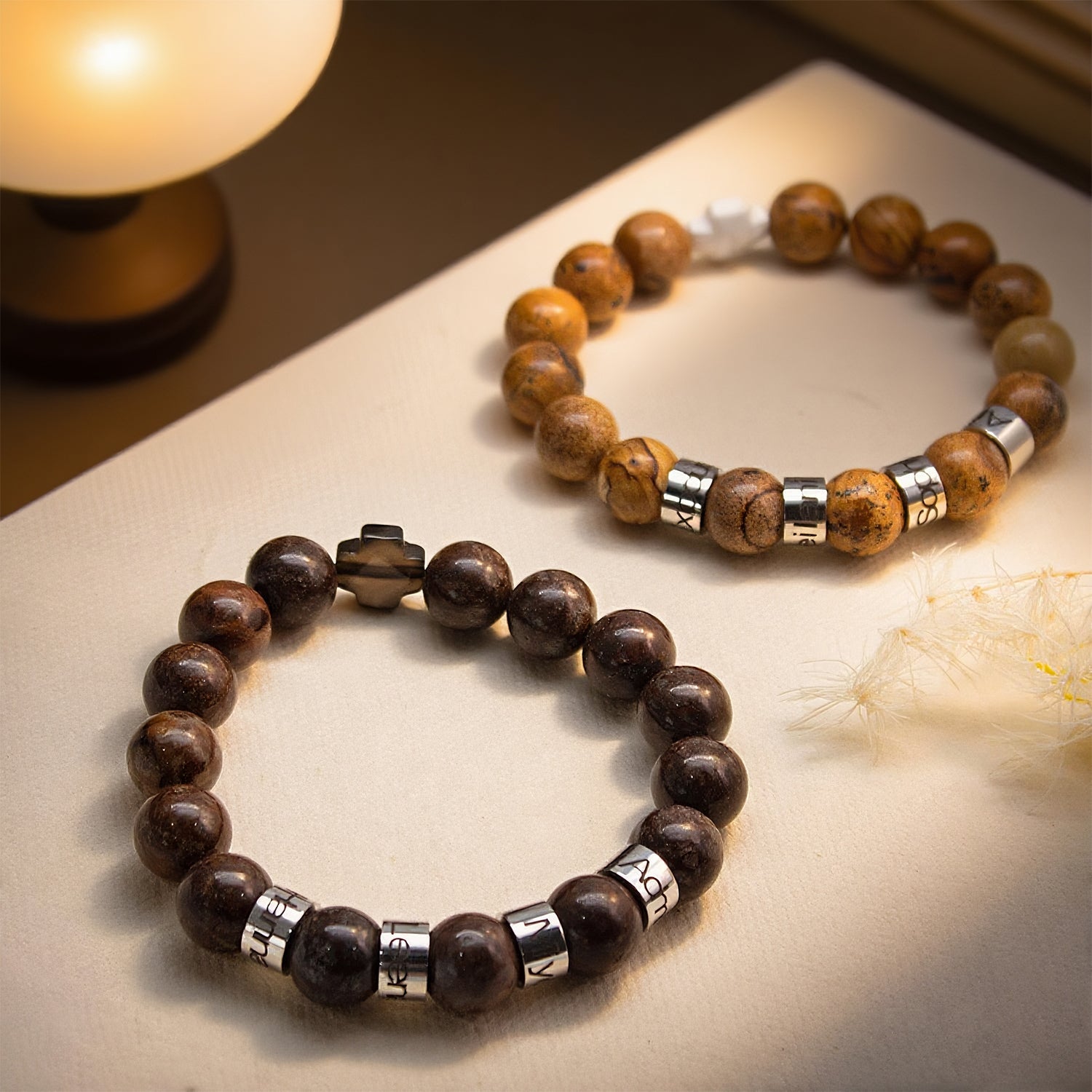 Personalized Natural Mineral Cross Bracelet – Engraved Names Keepsake