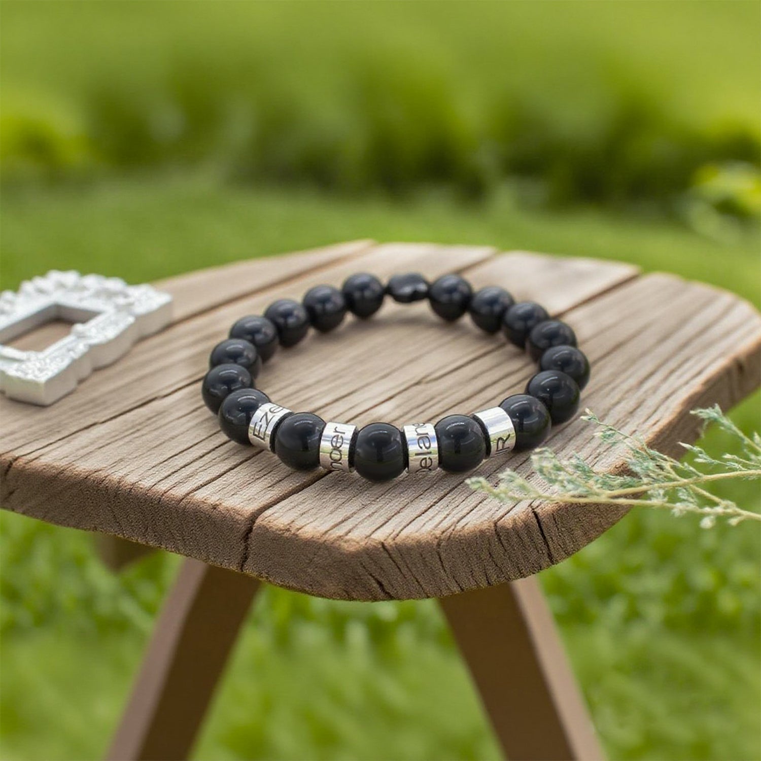 Personalized Natural Mineral Cross Bracelet – Engraved Names Keepsake