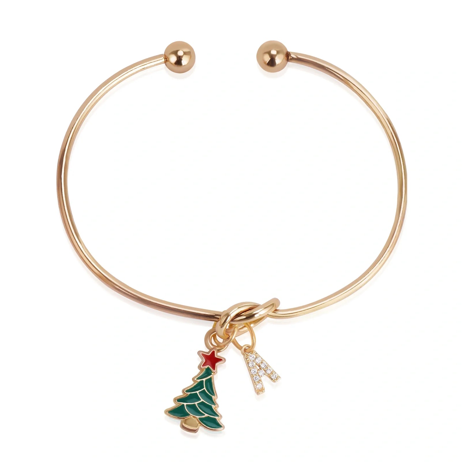 Custom Christmas Tree Bracelet with Rhinestone Letter Charm – Adjustable Holiday Jewelry Gift