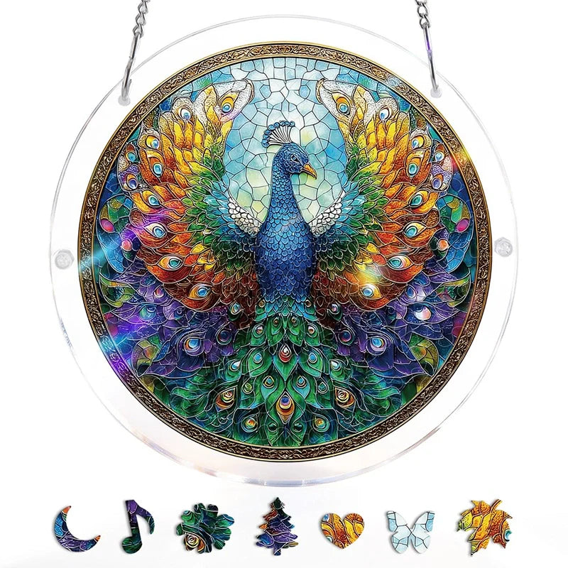 Acrylic Jigsaw Puzzle Suncatcher – Peacock of Radiance Window Decor