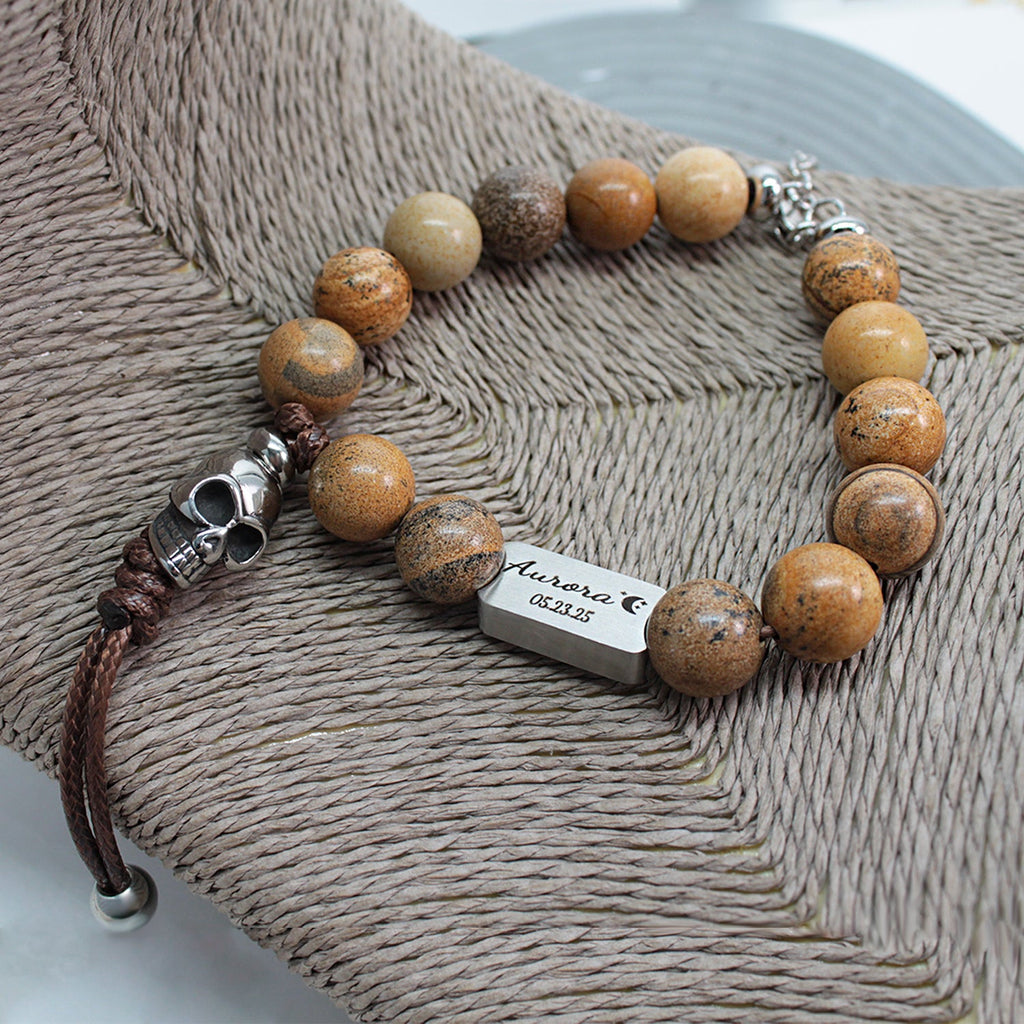 Punk Skull Men’s Bracelet – Natural Stone Biker Jewelry | Harley Rider Gift
