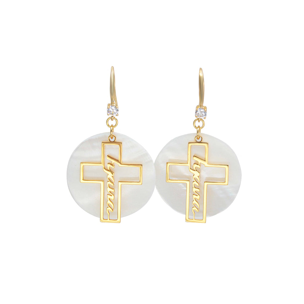 Custom Name Hollow Cross Earrings – Personalized Natural Shell Drop Earrings with Engraved Name | Faith Jewelry Gift for Women