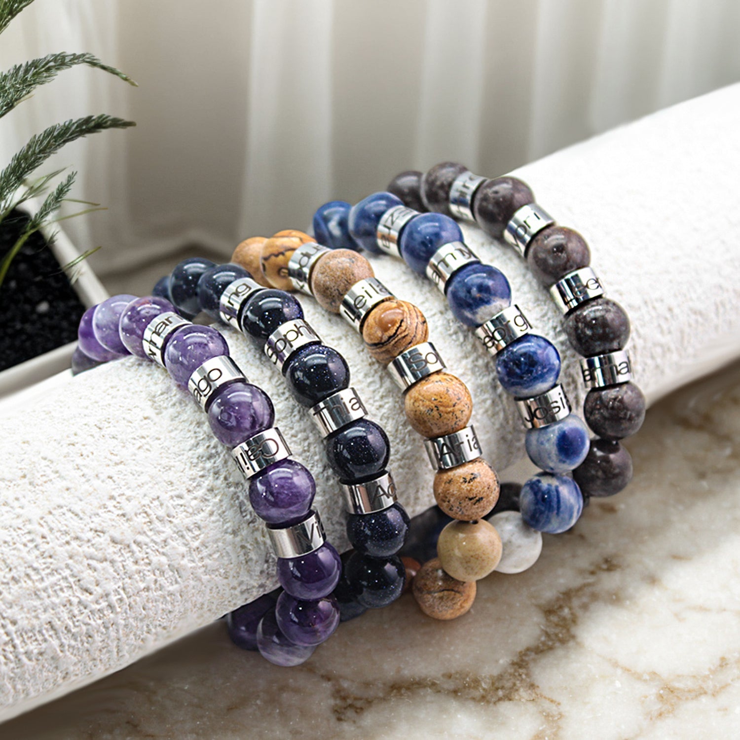 Personalized Natural Mineral Cross Bracelet – Engraved Names Keepsake