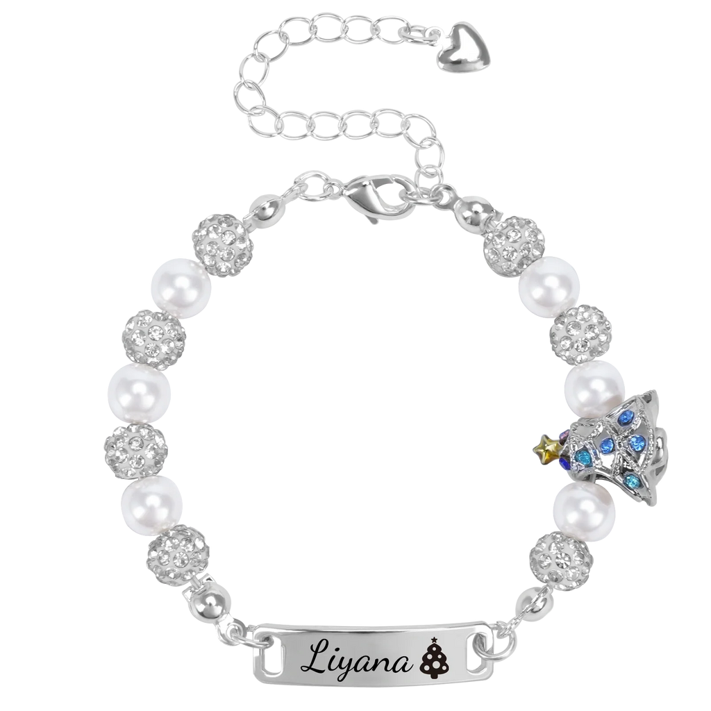 Personalized Christmas Tree Bracelet with Name – Adjustable Pearl & Diamond Holiday Jewelry Gift