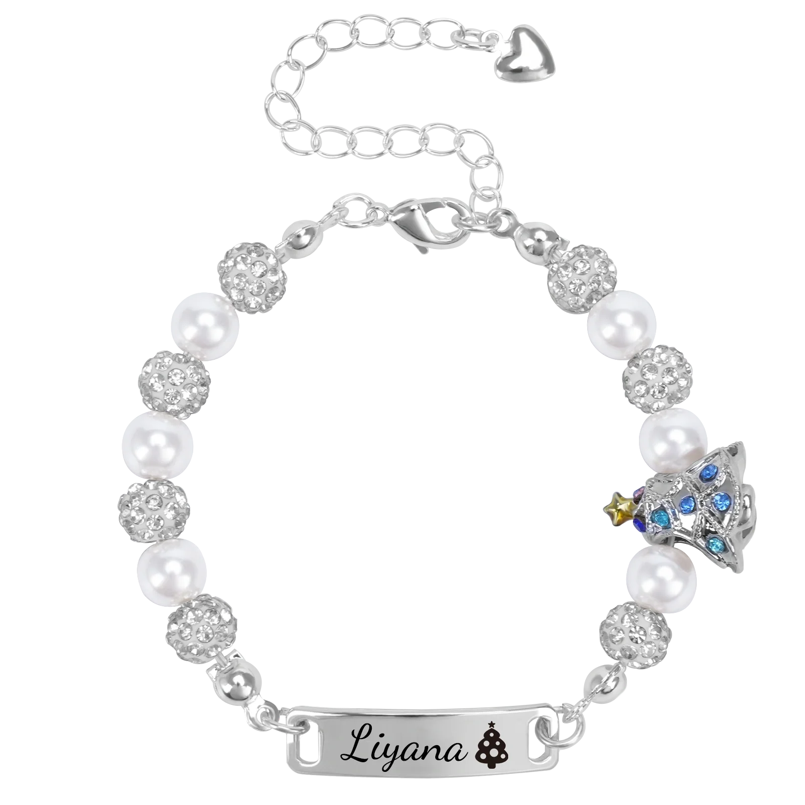 Personalized Christmas Tree Bracelet with Name – Adjustable Pearl & Diamond Holiday Jewelry Gift