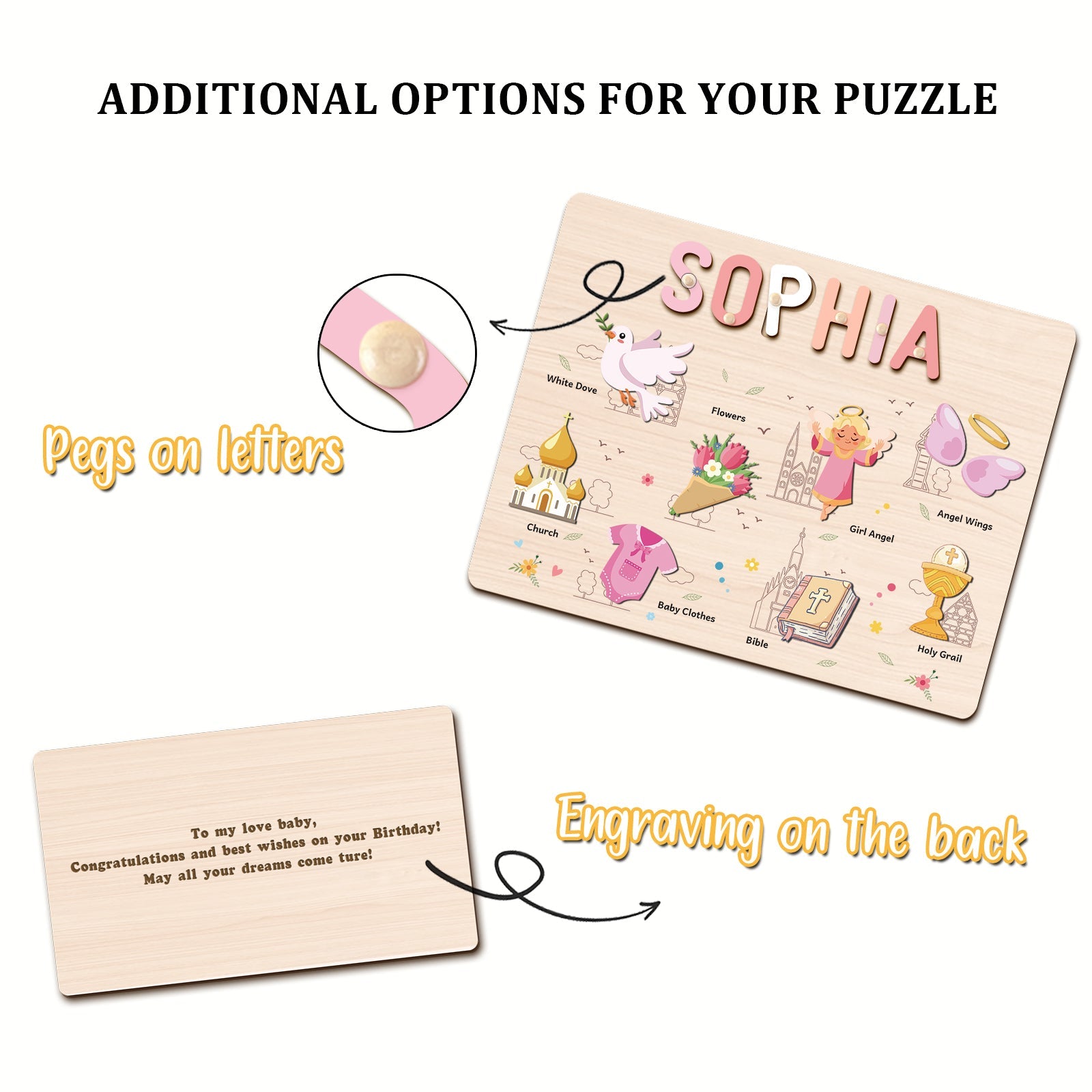 Personalized Baby Girl Christening Wooden Name Puzzle – Custom Baptism Keepsake Gift