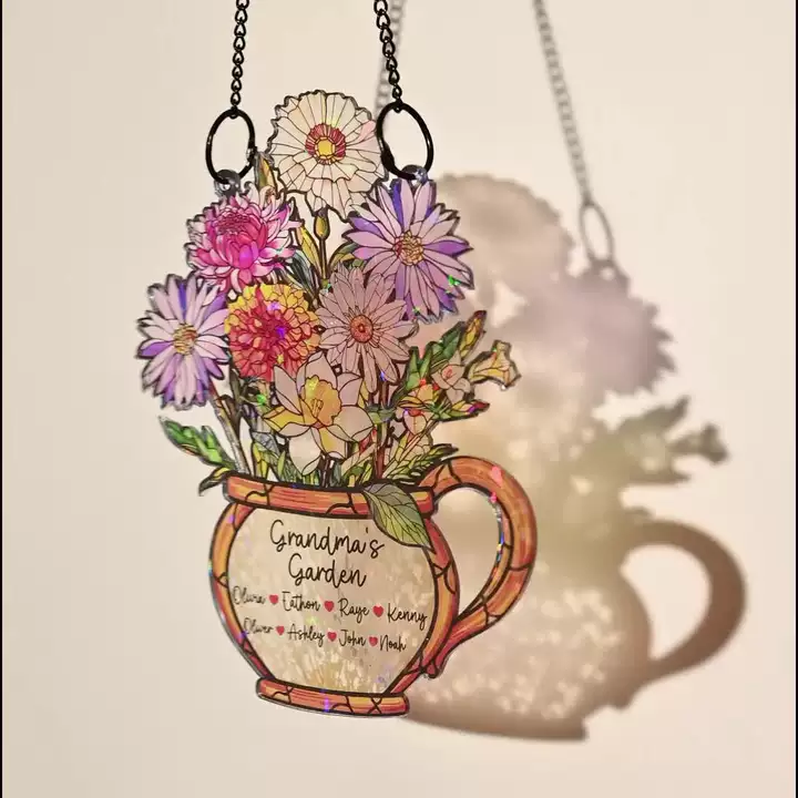 Personalized Grandma’s Garden Birth Flower Suncatcher – Custom Names Stained Glass Acrylic Window Decor Gift (1–10 Names)