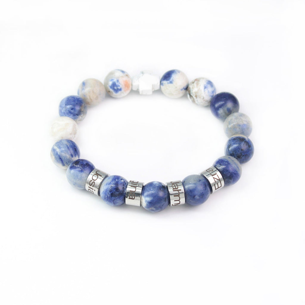 Personalized Natural Mineral Cross Bracelet – Engraved Names Keepsake