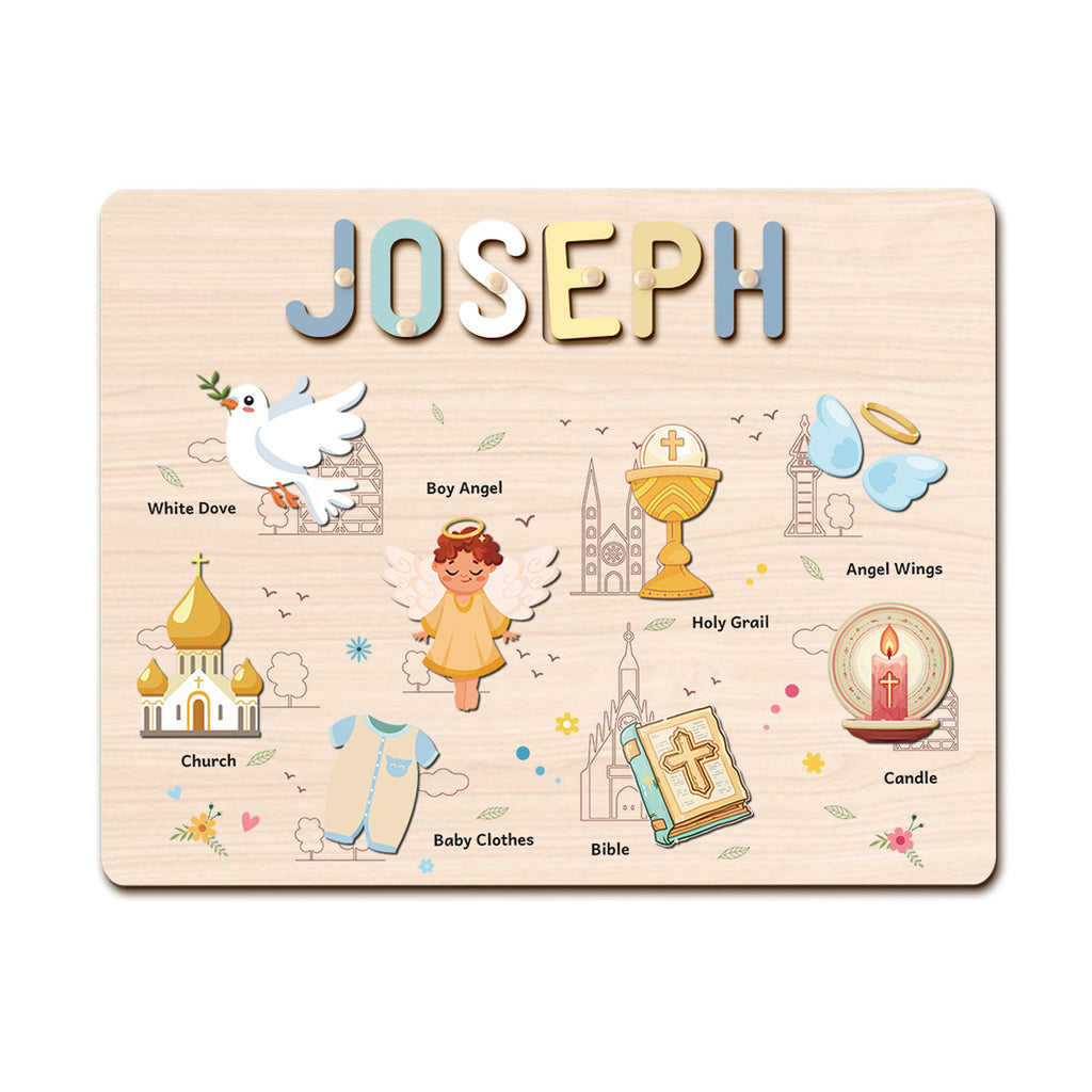 Personalized Baby Boy Christening Wooden Name Puzzle – Custom Baptism Keepsake Gift