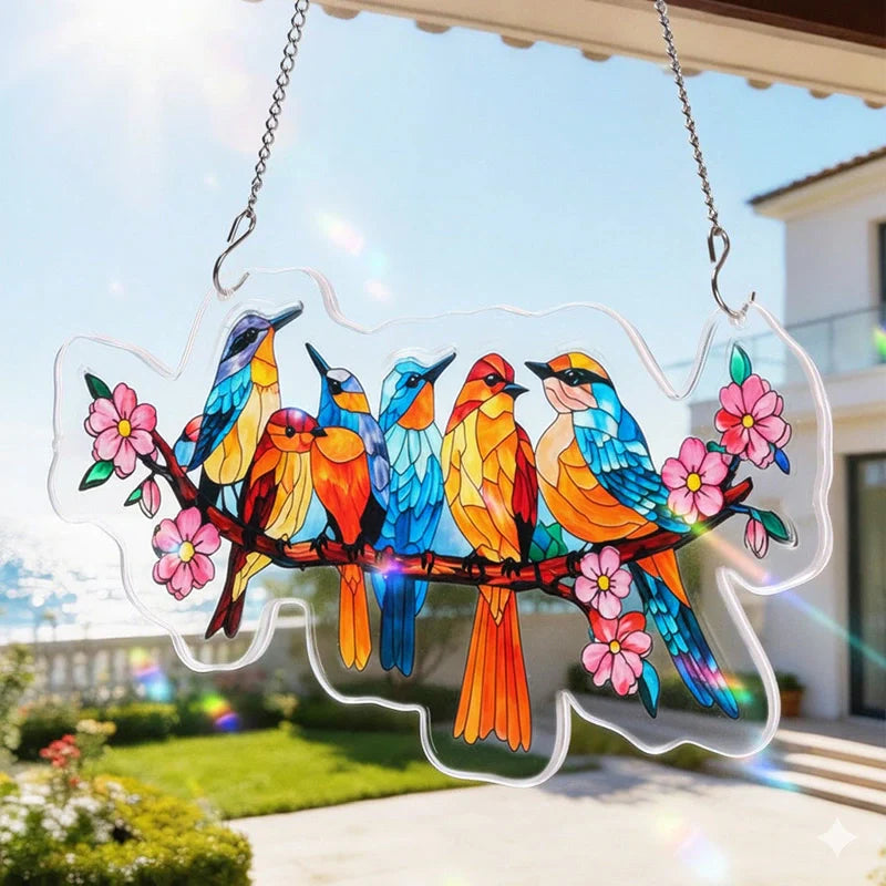 Blossom Songbirds Acrylic Suncatcher – Radiant Floral Bird Window Hanging Decor
