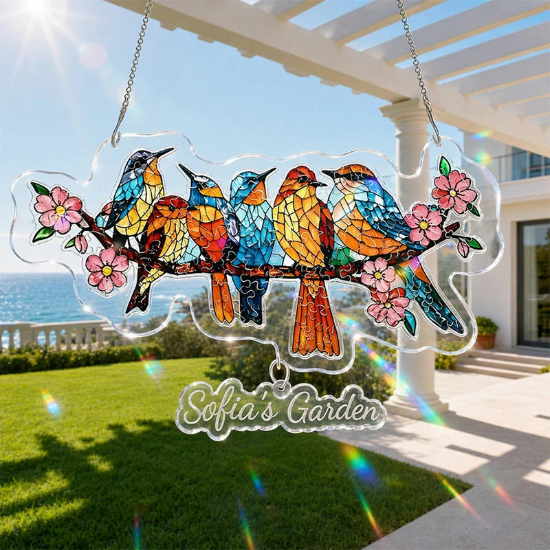 Blossom Songbirds Acrylic Suncatcher – Radiant Floral Bird Window Hanging Decor
