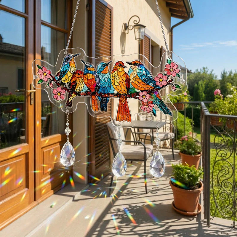 Blossom Songbirds Acrylic Suncatcher – Radiant Floral Bird Window Hanging Decor