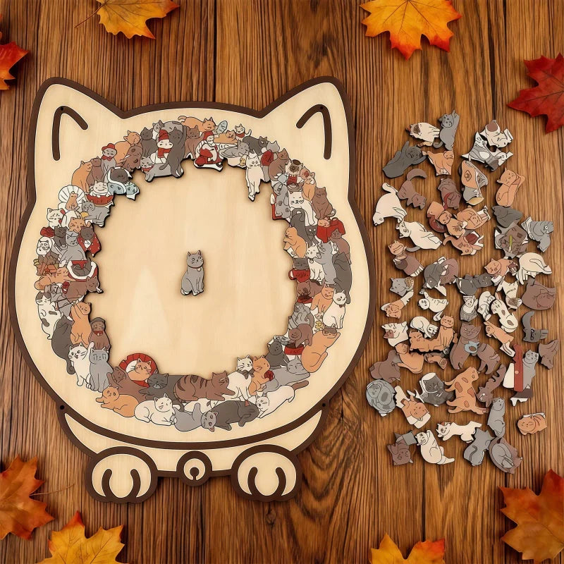 Cat-Shaped Wooden Puzzle - Unique Irregular Pieces Gift for Cat Lovers