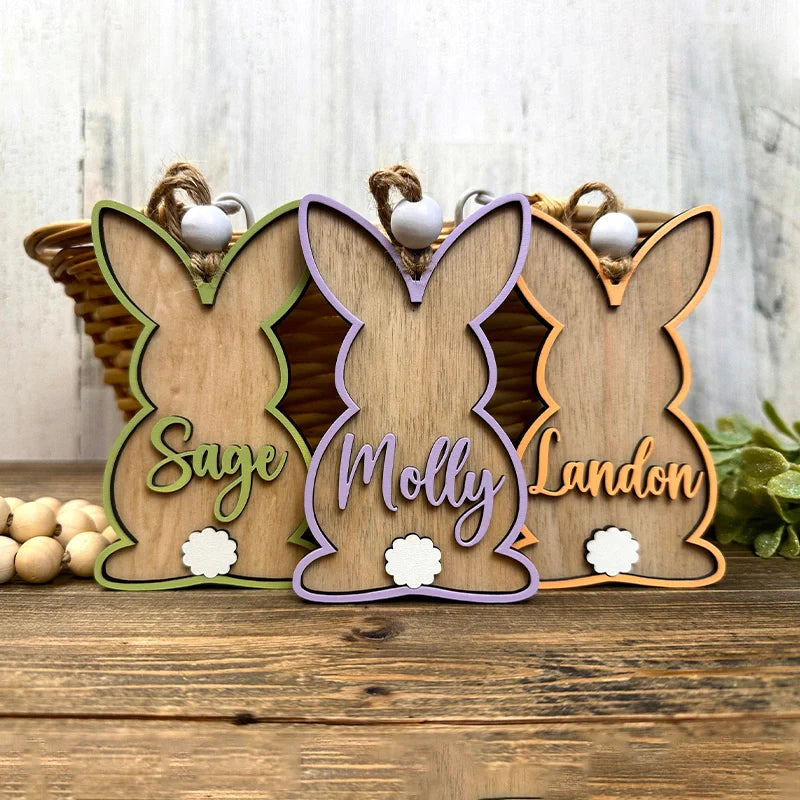Custom 3D Easter Basket Tag – Personalized Bunny Name Tag, Wooden Spring Easter Tag for Kids