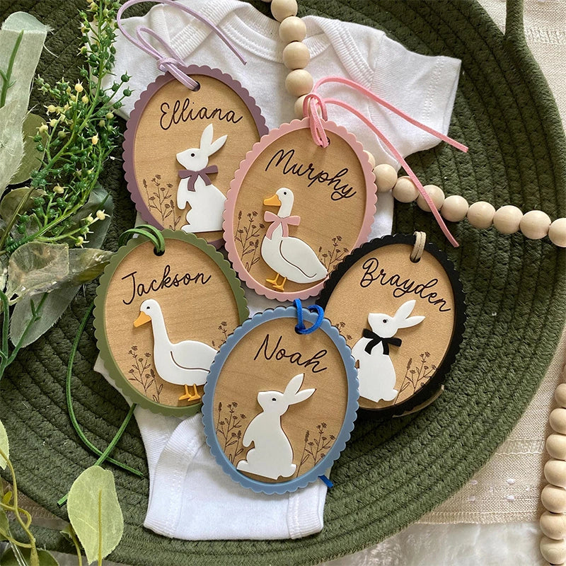 Personalized Easter Basket Tag – Custom Bunny or Goose Name Tag, 3D Engraved Wooden Easter Tag for Kids