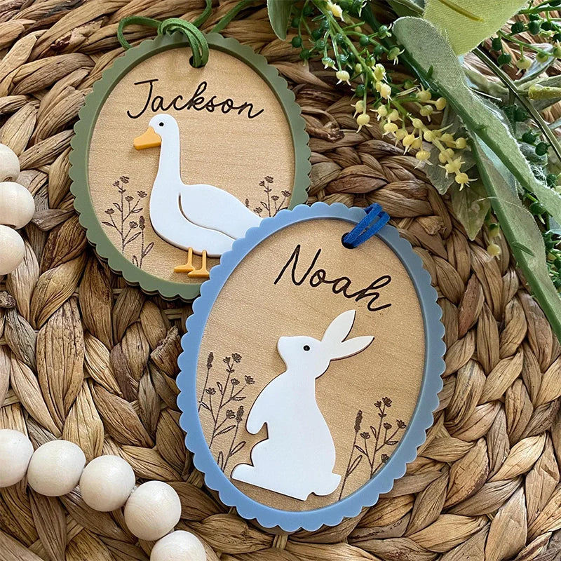Personalized Easter Basket Tag – Custom Bunny or Goose Name Tag, 3D Engraved Wooden Easter Tag for Kids