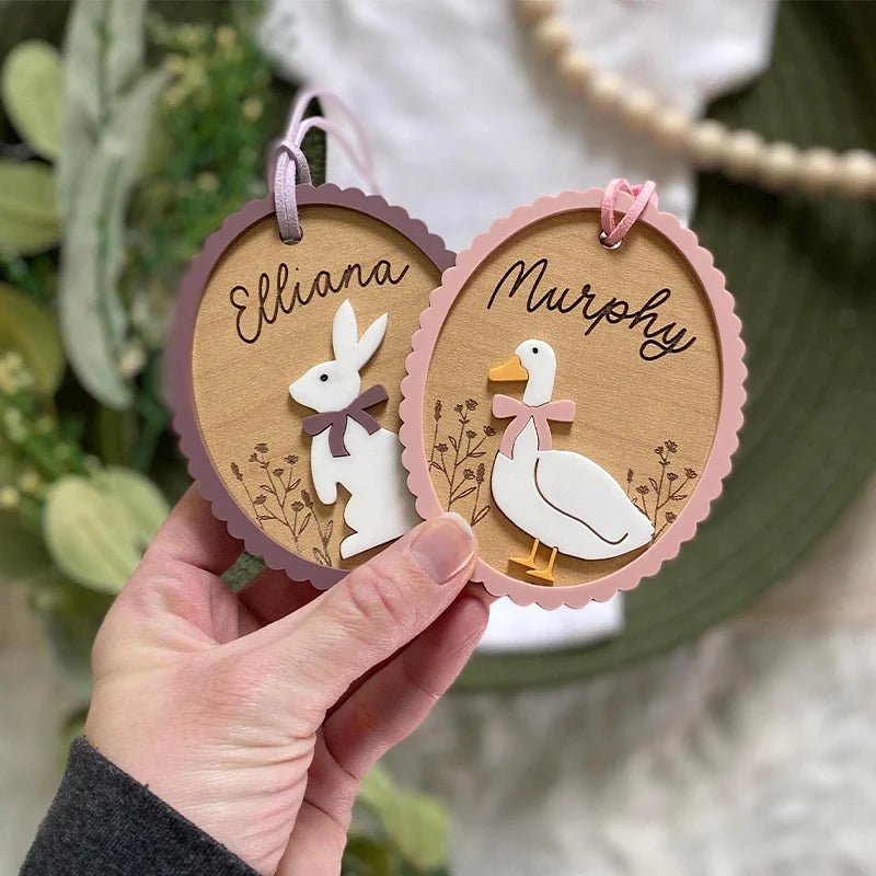 Personalized Easter Basket Tag – Custom Bunny or Goose Name Tag, 3D Engraved Wooden Easter Tag for Kids